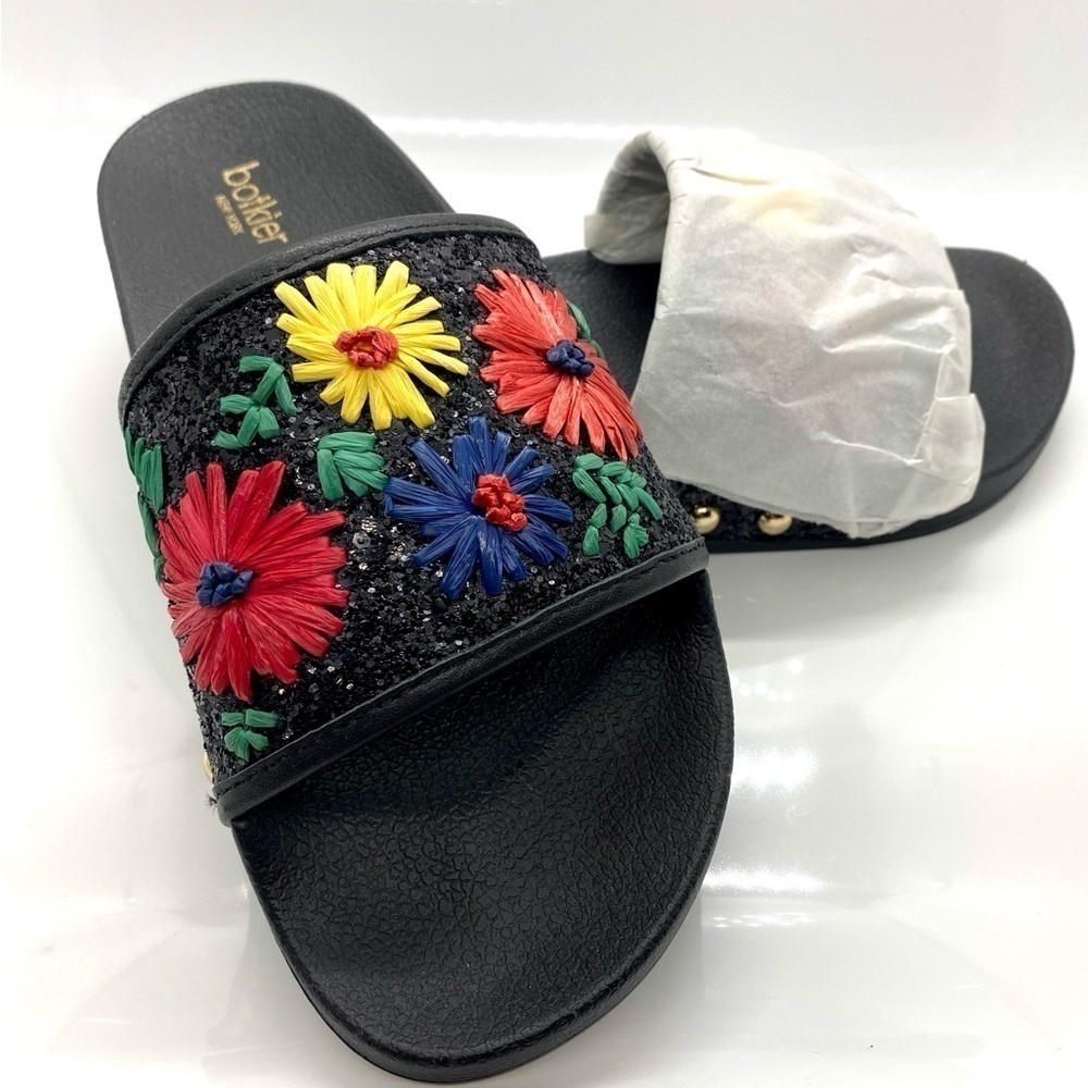 freda Floral Bright Daisy Slide Sandal Slip On Black Glitter 7 - Picture 3 of 11